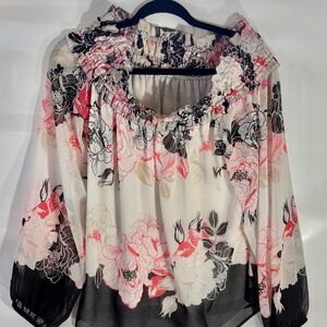 Floral Ruffle Blouse - Pink, Black, White
